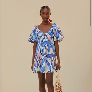 Farm Rio Off-White Blue Foliage Mini Dress -Small